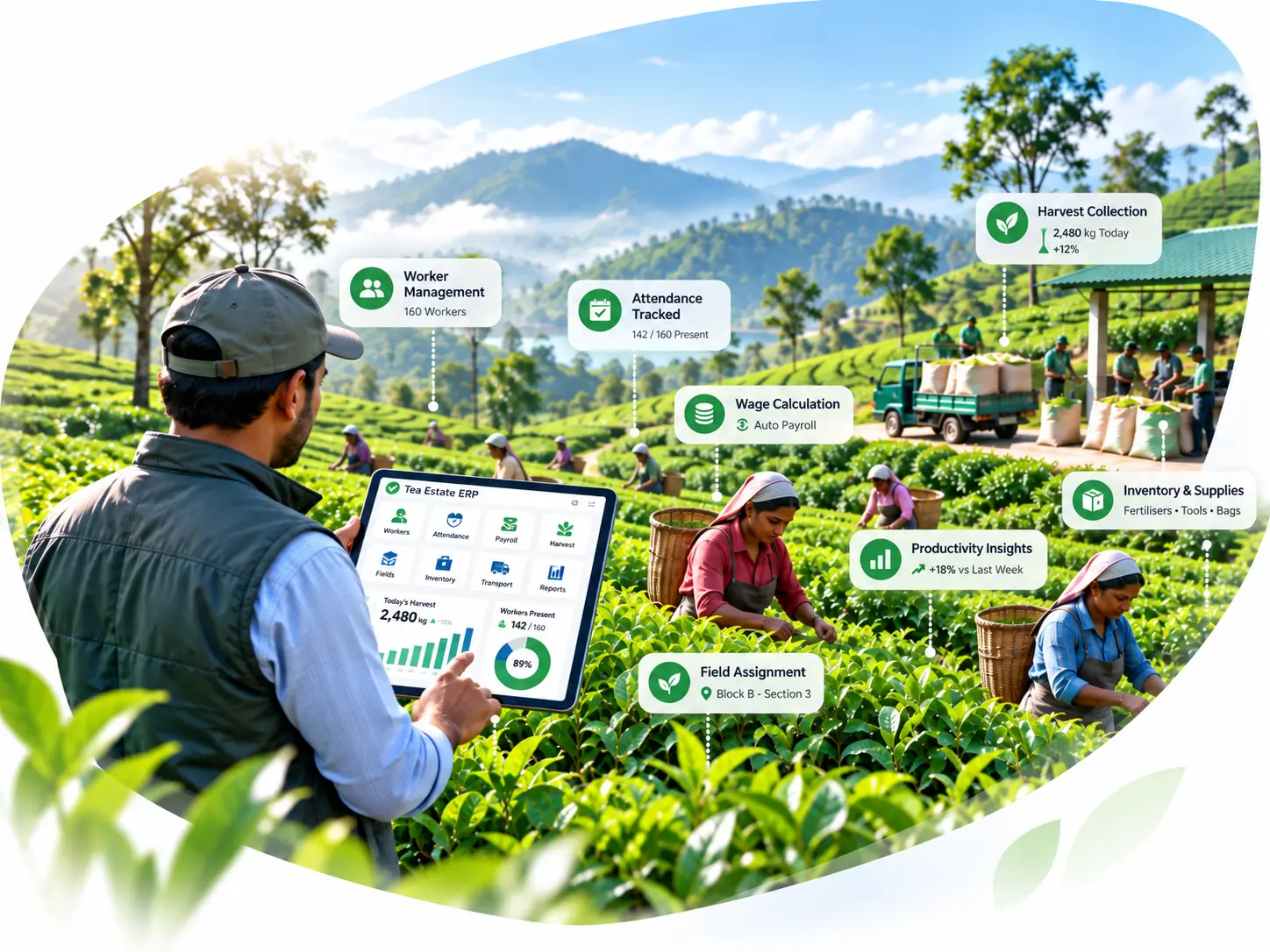 A tea estate manager using a tablet to connect harvest collection, workforce management, and field operations