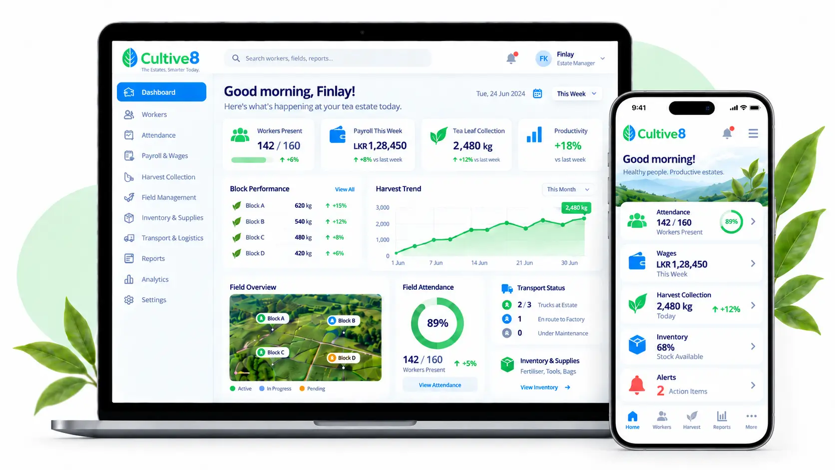 AgriGen plantation management dashboard showing field, payroll, harvest, and worker information on desktop and mobile